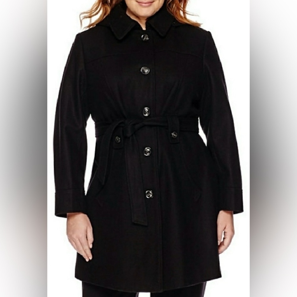 Liz Claiborne Wool Outerwear detachable hood belted pea coat style black size XL